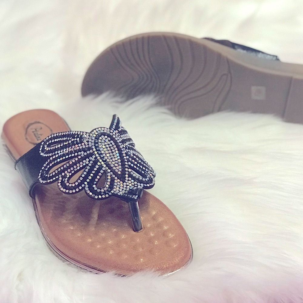 Last Chance BUTTERFLY Black AB Rhinestone Woven Bling Padded Slide Sandals 5.5 6 - Picture 10 of 10